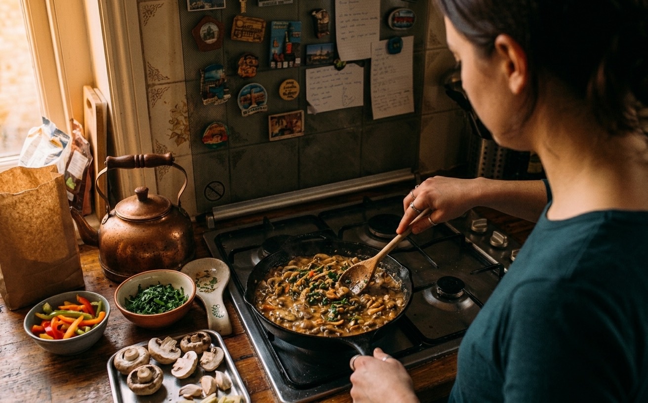A cook at her stove, stirring a pan of mushrooms and greens.