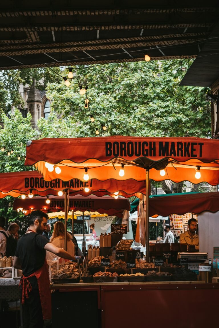 Borough Market, a market underneath the tracks located in the heart of London. this market is famous for street food