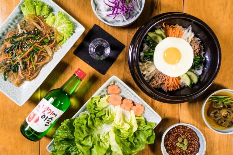 Top View of Soju and a Variety of Korean Food and bibimbap recipe