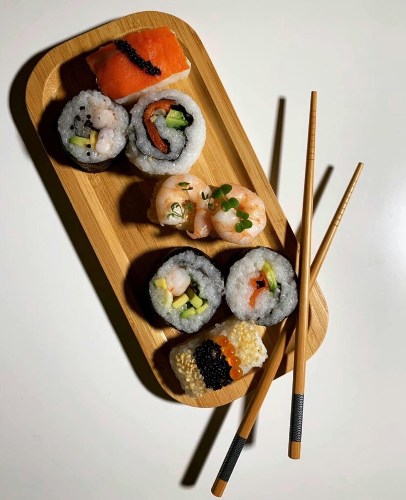 Sushi Set Over a Wooden Tray