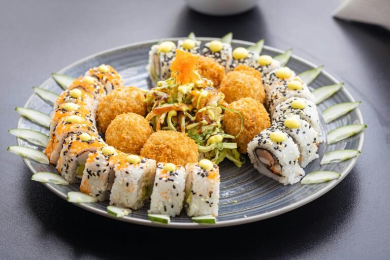 Plate of Sushi and Frying Balls and Sushi Bake Recipe Salmon